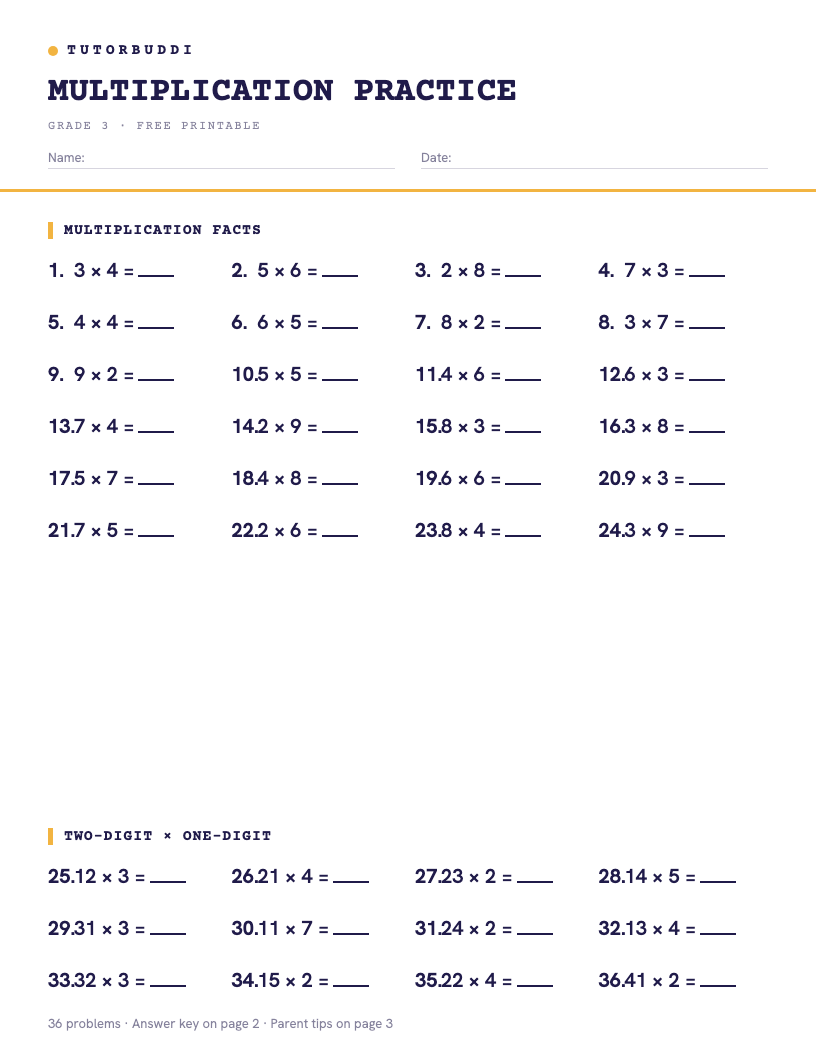 Preview of Multiplication Worksheets, Grade 3