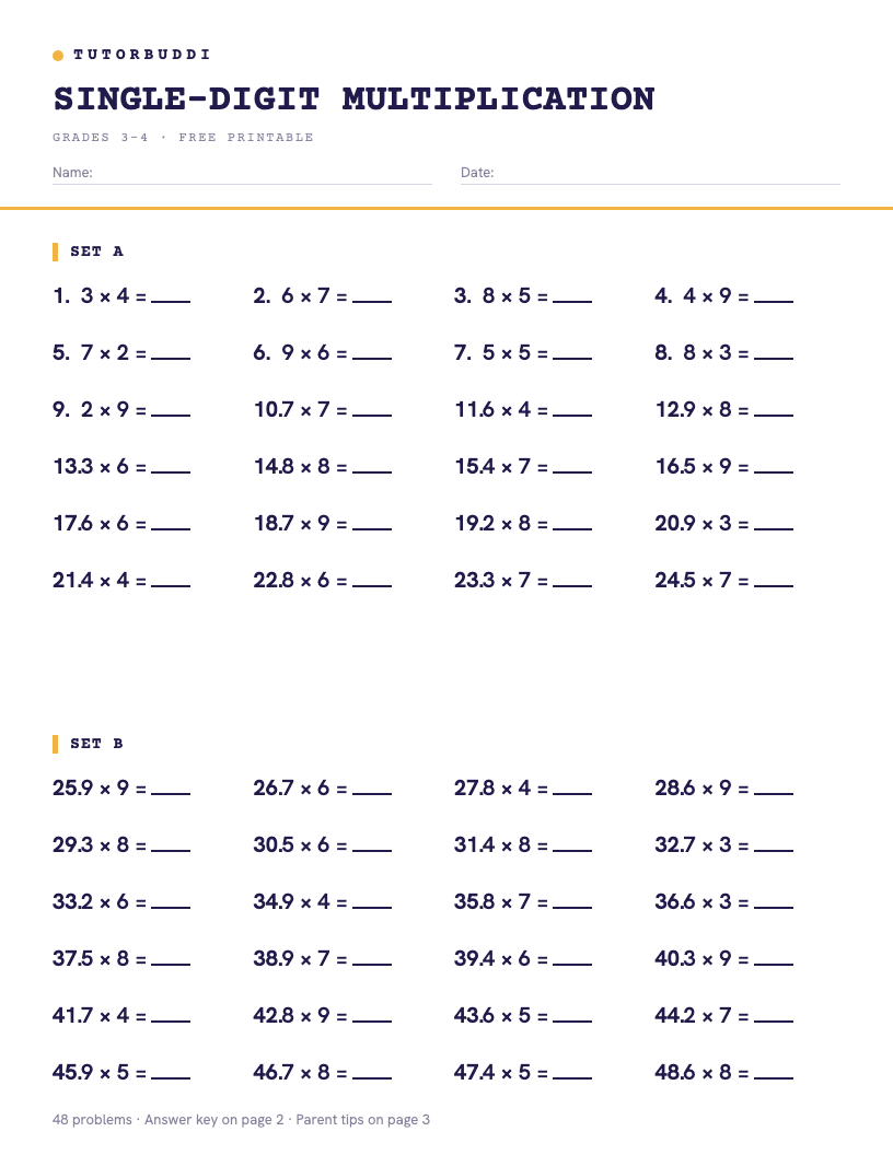 Preview of Single-Digit Multiplication Practice